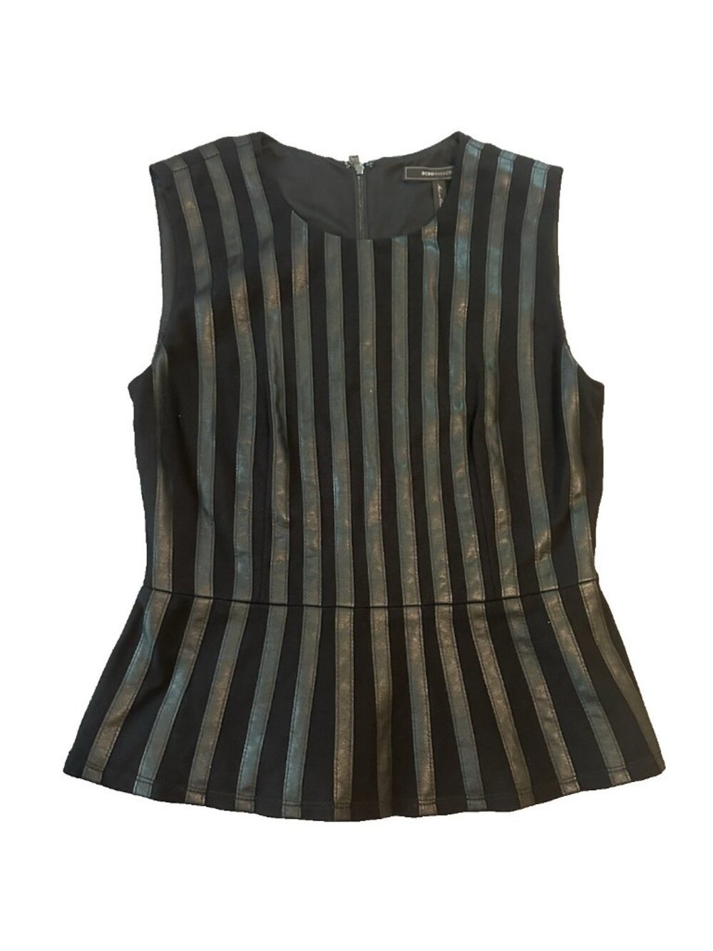 BCBG Max Azria Black Faux‎ Leather Stripe Peplum Womens Top M Minimalist Office